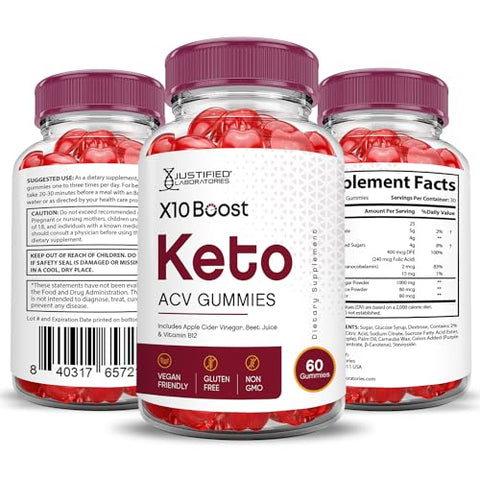 Justified Laboratories - (3 Pacotes) X10 Boost Keto ACV Gummies Fórmula Avançada 1000MG X 10 Boost Keto Gummies Vinagre de Maçã Boost Formulado com Pó de Romã e Beterraba B12 Vegano Não GMO 180g