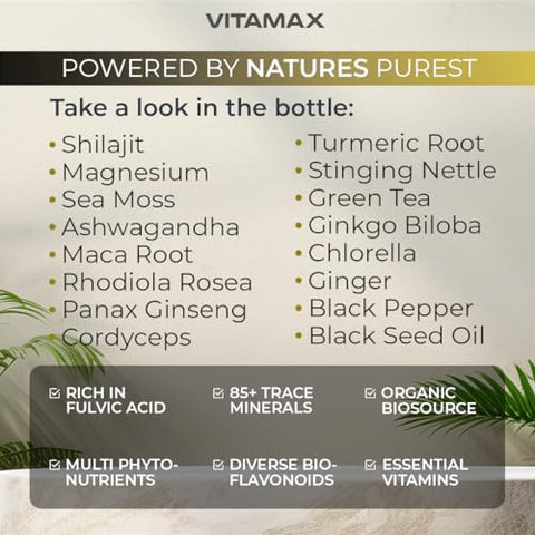 Vitamax - Suplemento Puro de Shilajit do Himalaia 10.000mg Ashwagandha 6.000mg Sea Moss 2.000mg Rhodiola Rosea 1000MG Gingko Biloba 500mg Cápsulas de Minerais Traços – Homens e Mulheres – Fabricado nos EUA