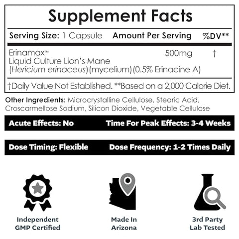 Cápsulas de Lion’s Mane Erinamax 500mg | Cultura Líquida de Micélio | 2.5mg de Erinacine A | Melhora o Humor e a Cognição | - Nootropics Depot