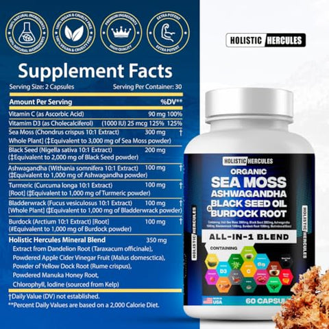 Holistic Hercules - Combo Clássico – Sea Moss 3000mg, Black Seed 2000mg, Ashwagandha 1000mg, Shilajit 5000mg, Panax Ginseng 1500mg, Maca Peruana 2000mg, Pack de Suplementos All in 1
