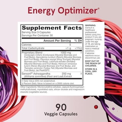 Energy Optimizer com Cordyceps, Reishi, Lions Mane, Shiitake, King Trumpet e Turkey Tail Mushrooms, Suplemento Dietético com Ashwagandha, 90 Cápsulas Vegetarianas - Jarrow Formulas