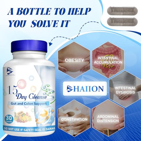 HAIION - 15 Dias de Limpeza Intestinal, Cápsulas Dissolventes para Limpeza Intestinal de 15 Dias, Limpeza Natural para Emagrecimento, Limpeza Intestinal para Homens e Mulheres, Suporte à Limpeza