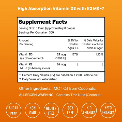 NutraChamps - Vitamina D3 K2 para Crianças | Gotas | Marca Kids Vitamin D3 K2 | 30 ml
