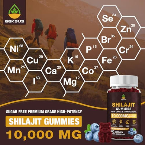 AAKSUS - Gummies de Shilajit com 10.000 MG e 85 Minerais Traços – Energia, Cérebro, Imunidade – Testado por Terceiros – Vegano