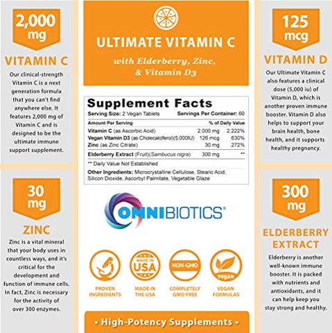 OmniBiotics - Ultimate Vitamin C 2000 mg com Zinco, Sabugueiro, Vitamina D3 – Suporte Imunológico Natural com Vitamina C