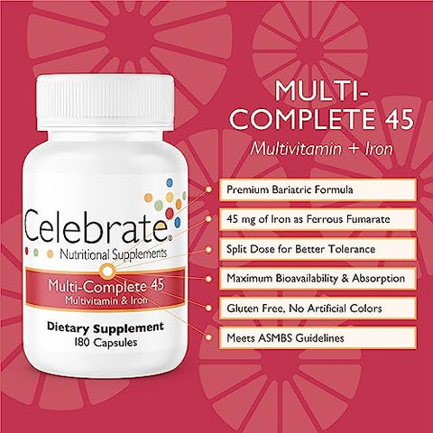 Celebrate Bariatric Supplements - Celebrate Vitamins Multi-Complete – Multivitamínico Diário de 45mg de Ferro para Pacientes de Cirurgia Bariátrica – Vitaminas Essenciais para Gastrectomia em Manga e Bypass Gástrico
