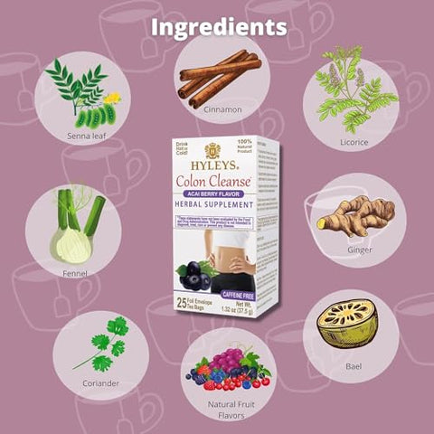HYLEYS - Chá Hyleys Limpeza do Cólon Sabor Açaí – 25 Saquinhos de Chá (12 Pacotes – 300 Saquinhos de Chá no Total)