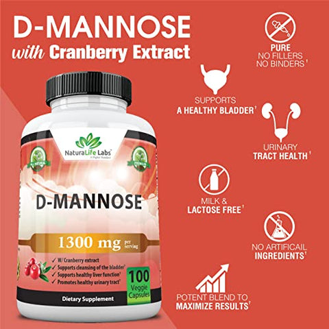 NaturaLife Labs A Higher Standard - D-Mannose 1,300 mg com Extrato de Cranberry – Ação Rápida, Elimina Impurezas, Saúde do Trato Urinário – 100 Cápsulas Vegetarianas
