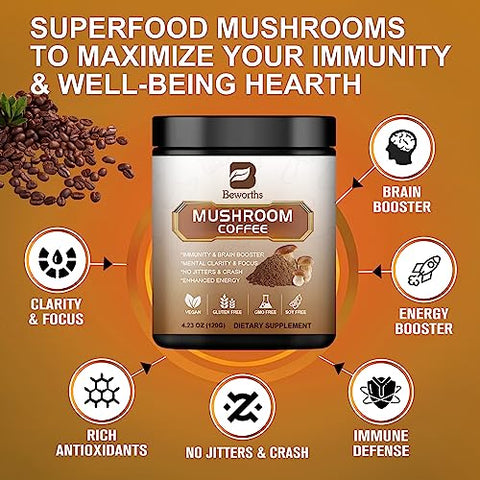 B BEWORTHS - Café de Cogumelo – Pó Instantâneo de Cogumelo do Leão com Reishi, Chaga, Cordyceps e Turkey Tail – Alternativa de Café de Cogumelo para Energia e Clareza Mental