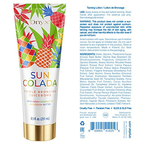 Bronzeador Onyx Suncolada Triplo Bronzeamento Abacaxi | Loção Bronzeadora para Uso Interno e Externo | Extratos Naturais de Frutas para Hidratação Duradoura e Suavidade | 100ml