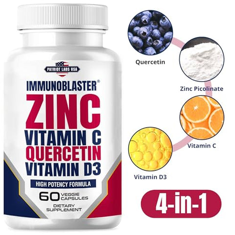 IMMUNO BLASTER - (2 Pacotes) ImmunoBlaster Zinc Quercetina 500mg com Vitamina D e C – Suporte Imunológico Antioxidante de Alta Potência para Homens e Mulheres – Livre de Glúten e Soja