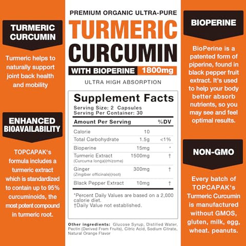 TOPCAPAK - Turmeric Curcumin com BioPerine 95%% Curcuminoides Padronizados Extrato de Pimenta Preta para Máxima Absorção – 120 Cápsulas