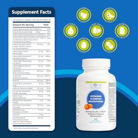 Liposomal Methylated Multivitamin B-Complex by Core Med Science – 90 Softgels – Super B Complex Vitamin for Heart Health – VIT Methyl B Complex Immune – Non-GMO