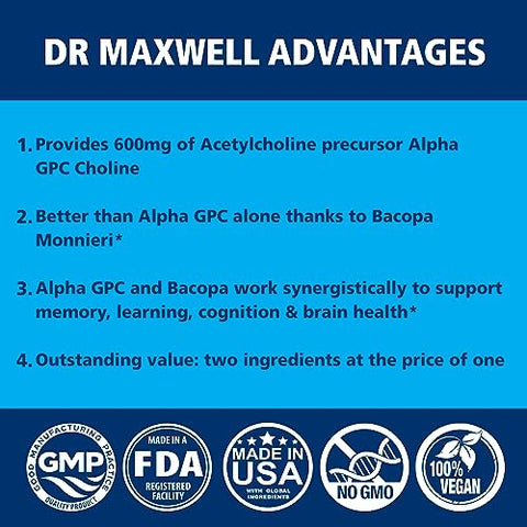 Dr. Maxwell - Acetylcholine, Alpha GPC Choline 600mg Bacopa – Potencialize sua Memória com Confiabilidade