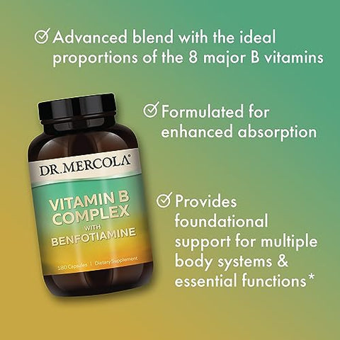 Complexo de Vitamina B, 90 Porções (180 Cápsulas), com Benfotiamina, Suplemento Alimentar, Suporta Produção de Energia, Não-OGM - Dr. Mercola