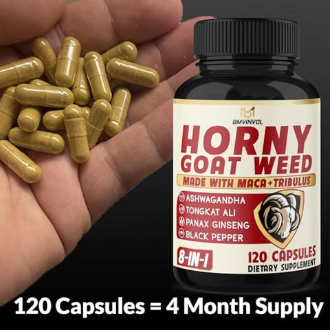 Horny Goat Weed para Homens e Mulheres com Maca, Tribulus, Ginseng, Ashwagandha, Tongkat Ali – 120 Cápsulas para 4 Meses de Fornecimento - BMVINVOL