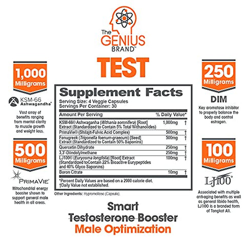 The Genius Brand - Genius Test – Impulsionador Avançado de Testosterona para Homens – Energia, Resistência e Vigor Natural