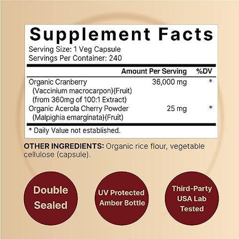 NatureBell - Cranberry Pills 36,000mg com Acerola, 240 Cápsulas Vegetais | Extrato de Cranberry Fresco 100:1 – Ingredientes Orgânicos – Suporte à Saúde do Trato Urinário – Sem Açúcar