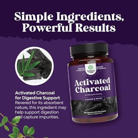 Natures Craft - Cápsulas de Carvão Ativado para Limpeza e Desintoxicação – Pílulas Detox Purificadoras 1200mg Pó de Carvão de Coco – Alívio Inchaço e Limpeza do Corpo – Ativo