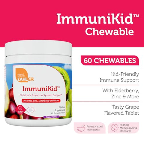 Kids – Suplemento de Suporte Imunológico com Sabugueiro, Zinco e Vitaminas para Crianças com Vitamina C D3 A – Comprimidos Mastigáveis com Sabor de Uva – Kosher Suporte Imunológico Infantil para Crianças - Zahler