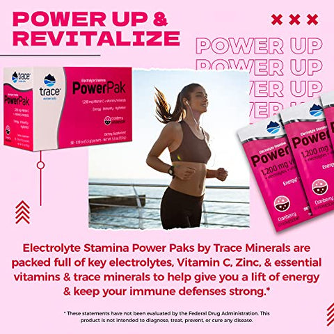 Power Pak Pacotes de Pó Eletrolítico | 1200 mg Vitamina C, Zinco, Magnésio | Reforça a Imunidade, Hidratação e Energia Natural | Cranberry | 30 Pacotes - Trace Minerals