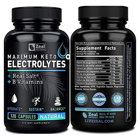 Zeal Naturals - Suplemento de Eletrólitos Keto (120 Cápsulas) – Suplemento Máximo de Eletrólitos Keto com Sal Real®, Vitaminas B, Magnésio e Potássio – Pílulas de Sal