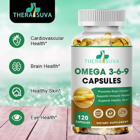 TheraSuva - Suplemento Natural de Ômega 3-6-9 de Alta Potência, 100% Vegano para Saúde do Coração e das Articulações – 120 Softgels, Fornecimento de 60 Dias