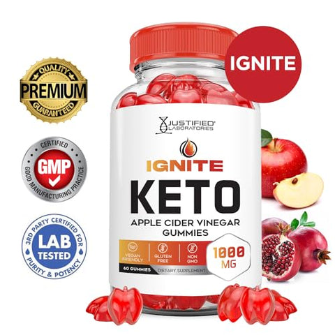 Justified Laboratories - (2 Pacotes) Gomas Ignite Keto ACV Avançadas 1000MG Fórmula de Gomas Ignite Keto de Vinagre de Maçã Formuladas com Suco de Romã em Pó B12 Vegano Não GMO 120 Gomas