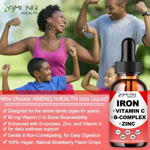 AMENQ hHEALTH - Suplemento Líquido de Ferro com Vitamina C, A, Complexo B – Gotas Veganas de Ferro de Alta Potência