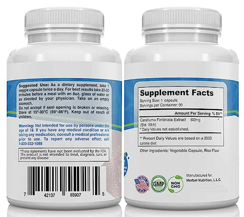 Caralluma Fimbriata Herbal Nutrition – Pacote Duplo 90 Cápsulas de Força Máxima 10:1 Extrato 1200mg Diários – Perda de Peso