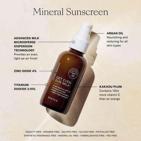 Protetor Solar e Hidratante Facial Josie Maran Get Even Sun Milk SPF 33 – Leve e Mineral, com Óleo de Argan e Óxido de Zinco – 50g