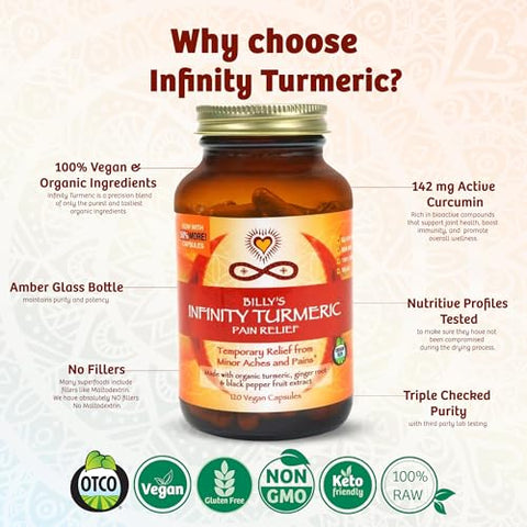 Infinity Greens - Cápsulas de Cúrcuma Infinity | Suplemento de Curcumina de Alta Potência | Cúrcuma Orgânica Certificada pelo USDA com Pimenta Preta e Gengibre | Cru, Vegano e Livre de Glúten | 100% Natural