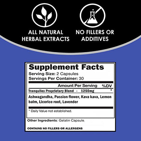 TRANQUILEX | Suplemento para Alívio do Estresse* | Ashwagandha, Flor de Maracujá, Kava Kava, Melissa, Raiz de Alcaçuz e Lavanda | Relaxamento Natural e Calma Mental | 60 cápsulas - VH Nutrition