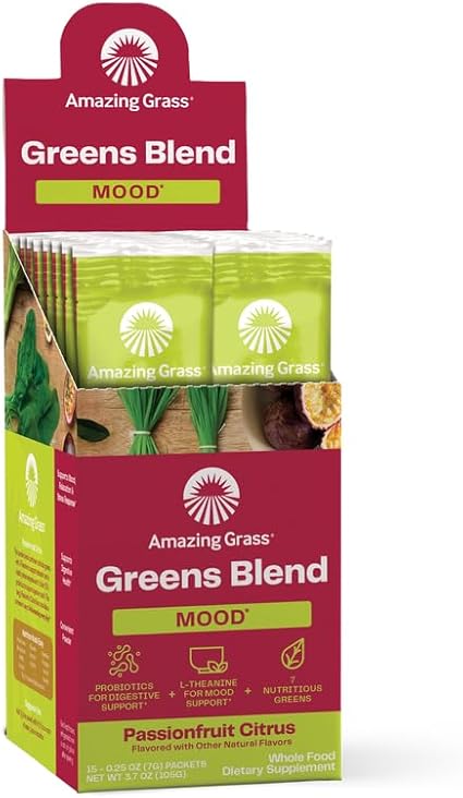 Greens Blend Mood: Super Greens em Pó para Smoothie – Mix para Melhorar o Humor e Relaxar – 200g - Amazing Grass