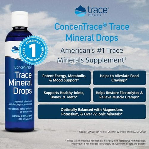 ConcenTrace Drops | Minerais Essenciais | Magnésio Líquido Iônico, Cloreto, Potássio | Baixo teor de Sódio | Energia, Eletrólitos, Hidratação | Fornecimento de 96 dias, 8 fl oz (236 ml) - Trace Minerals