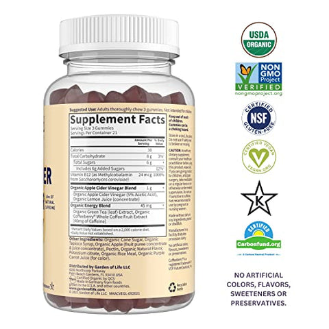 mykind Organics Gomas Energéticas de Vinagre de Maçã – ACV Orgânico da USDA com Vitaminas B12, Coffeeberry e Chá Verde – 63 Gomas Veganas para Energia - Garden of Life