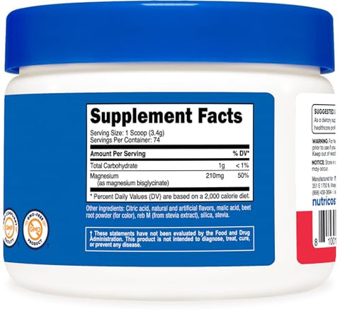 Magnesium Bisglycinate Powder (Fruit Punch, 250g) – Suplemento de Magnésio Quelato em Pó - Nutricost