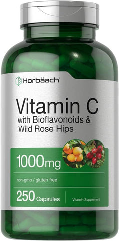 Vitamina C 1000mg | 250 Cápsulas | com Bioflavonoides e Rose HIPS | Suplemento Sem GMO, Sem Glúten | Fórmula de Alta Potência - Horbäach