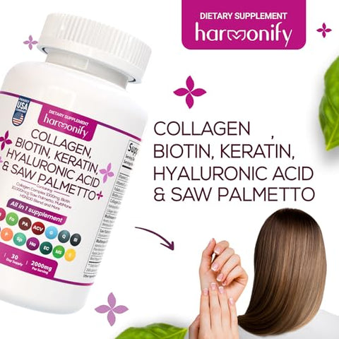 HARMONIFY - Complexo de Colágeno Biotina Queratina Saw Palmetto Ácido Hialurônico com Vitamina E, Ácido Fólico, Semente de Abóbora e MSM, Cabelo Pele