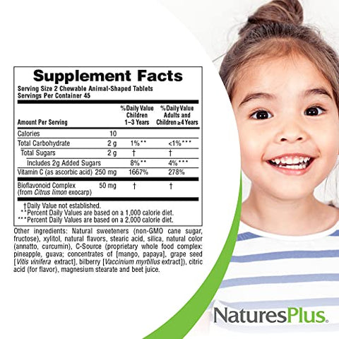 Natures Plus - NaturesPlus Animal Parade Vitamina C Infantil Mastigável – Sabor Natural de Suco de Laranja – 90 Comprimidos em Formato de Animais, Pacote com 2 – Vegano, Vegetariano, Sem Glúten – 90 Porções no Total