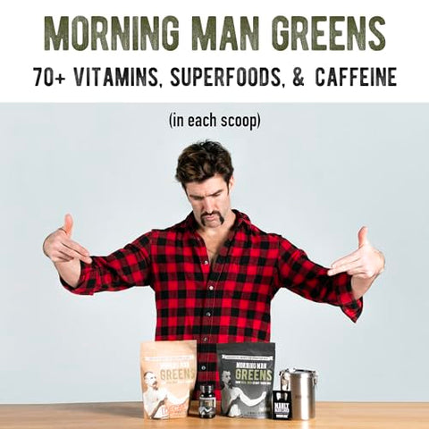 MORNING MAN - Mix de Superfood Probiótico de Verdes com Melhor Sabor, 95mg de Cafeína, Energize sua Manhã, 75 Vitaminas, Chá Verde
