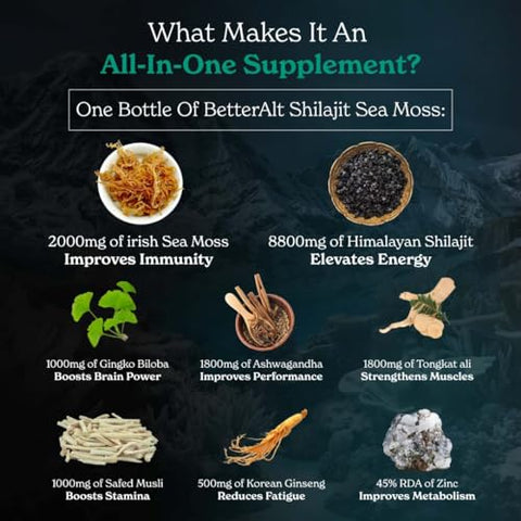 Better Alt - Cápsulas de Shilajit Gold com Sea Moss, Ashwagandha e Extrato de Pimenta Preta – Potencialize sua saúde com ingredientes naturais!