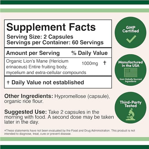 Double Wood Supplements - Cápsulas de Cogumelo do Leão para Suporte Cerebral e Imunidade – 120 Unidades (Dois Meses de Fornecimento) – Testado por Terceiros, Cultivado e Encapsulado no