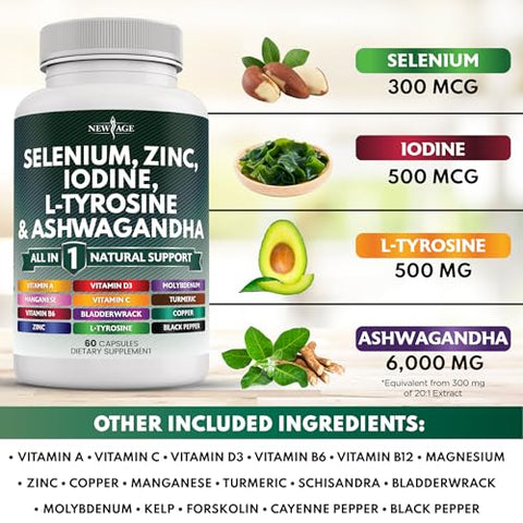 NEW AGE - Selenium 300mcg Zinc 50mg Iodine 500mcg L Tyrosine 500mg Ashwagandha 6000mg – Suporte para Tireoide com Bladderwrack, Cúrcuma, Sílica Kelp, Schisandra – Marca: [Nome da Marca]