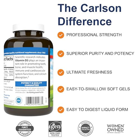 Vitamina D3, 2000 UI (50 mcg), Fortalecimento Ósseo - Carlson