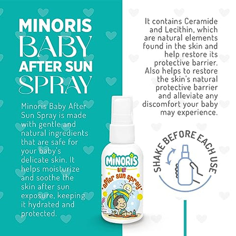 Minoris - Spray Pós-Sol para Bebês – Cuidado Pós-Sol para Bebês, Conteúdo Orgânico, à Base de Óxido de Zinco, Hipoalergênico, Vegano, Recuperação após Exposição ao Sol, Calmante, Cuidado para Queimaduras Solares, 0-6 Meses 100ML