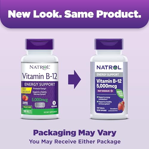 Vitamina B12 Comprimidos de Dissolução Rápida, Energia e Sistema Nervoso Saudáveis, Máxima Potência, Sabor Morango, 5.000mcg, 100 Unidades - Natrol