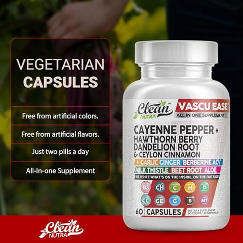 Clean Nutraceuticals - Suplemento de Pimenta Caiena com Cápsulas de Espinheiro, Raiz de Dente-de-Leão, Canela do Ceilão, Alho, Gengibre, Berberina, Vinagre de Maçã, Cardo Mariano, Beterraba, Comprimidos de Aloe Vera – Marca em Destaque