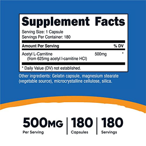 Acetyl L-Carnitine 500mg – 180 Cápsulas | Sem OGM e Sem Glúten  Nutricost - Nutricost