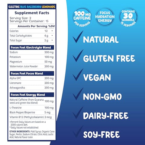 FocusFuel - Focus Energy Gummies – Chews Energéticos, 100mg de Cafeína por 2 Gummies, Com B12, Magnésio, Eletrólitos, Ingredientes Naturais (Blue Razzberry Lemonade – 30 Chews, 90g)
